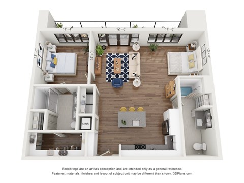 Floor plan for 2 beds, 2 baths, 1064 sqft
